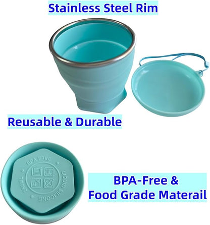 Collapsible Cup, 8.8oz 260ml Foldable Travel Mini Coffee Mug, BPA Free Silicone Water Cup and Lid with Stainless Steel Rim, Portable Pocket Cup for Outdoor, Hiking, Camping & Kids （Blue）
