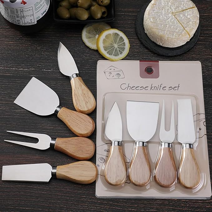 Linwnil 4-Piece Set of Stainless Steel Cheese Knives with Wood Hand, Including Cheese Slicer and Cheese Cutters, Essential Cheese Tools for the Kitchen (Oak handle, Silver)