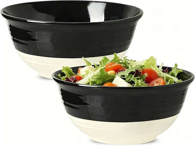 HASENSE Large Ceramic Serving Bowls Set of 2, 84 Oz 9 Inch Black & Beige Stoneware Mixing Bowls, Farmhouse Bowls for Salad, Soup, Popcorn & Baking, Dishwasher & Microwave Safe