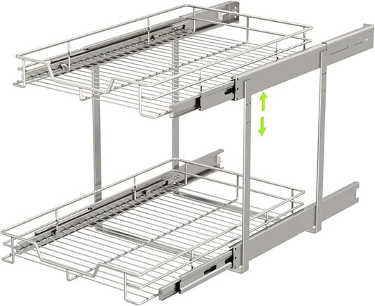 EZKAZA Pull Out Cabinet Organizer 14.5" W x 21" D, 2-Tier Kitchen Cabinet Pullout Shelf and Drawer Organizer Slide Out Pantry Storage Basket, 12.2" W x 21" D x 2.4" H for Bottom Basket Size