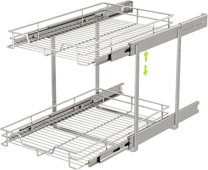 EZKAZA Pull Out Cabinet Organizer 9.5" W x 21" D, 2-Tier Kitchen Cabinet Pullout Shelf and Drawer Organizer Slide Out Pantry Storage Basket, 8.2" W x 21" D x 2.4" H for Bottom Basket Size