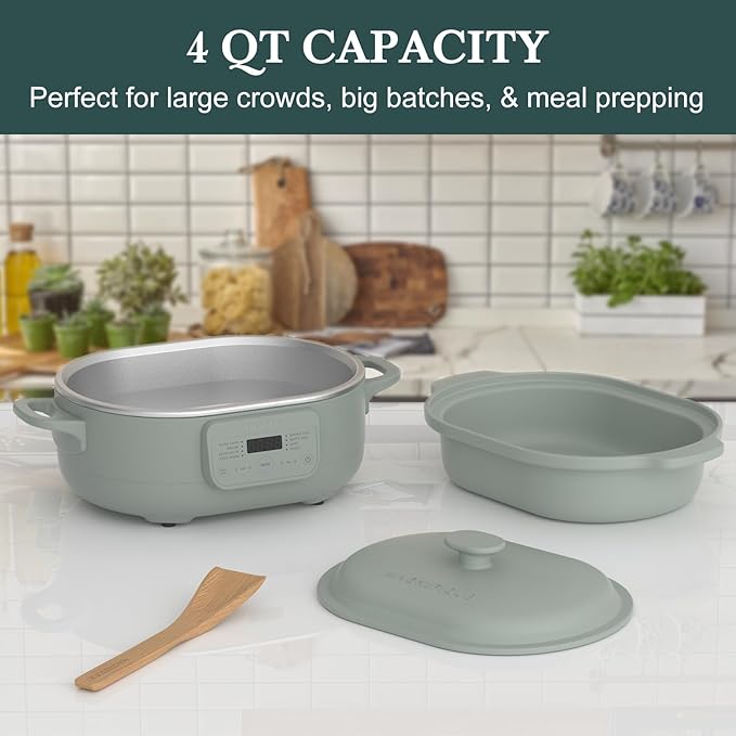 4 Quart Claypot Slow Cooker, 8-in-1 Multi Cooker with Flexible Programming, Removable Crock, Nonstick, Oven Safe Pot to 450°F, Olive