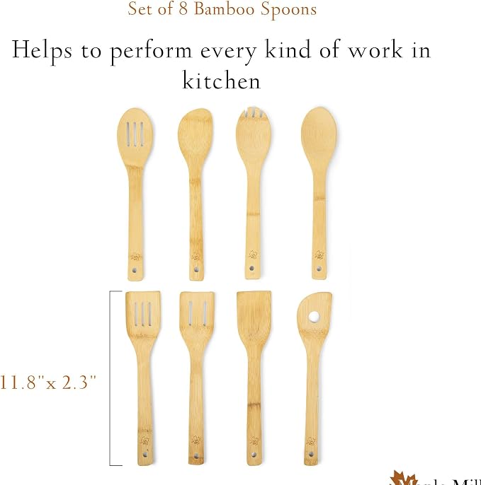 Bamboo Spoons for Cooking - Set of 8 Spoons - Wooden Cooking Spoons - Non-toxic & Organic Bamboo Cooking Utensils with Spoon Set & Spatula - Premium Kitchen Utensils