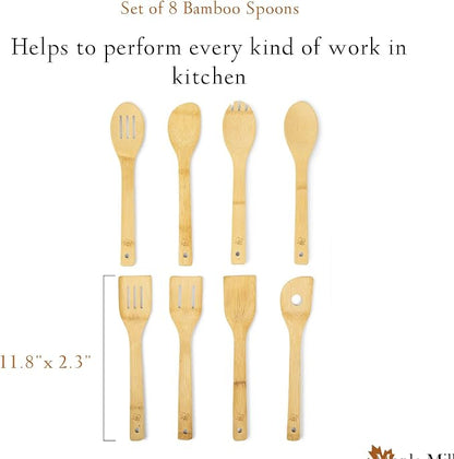 Bamboo Spoons for Cooking - Set of 8 Spoons - Wooden Cooking Spoons - Non-toxic & Organic Bamboo Cooking Utensils with Spoon Set & Spatula - Premium Kitchen Utensils