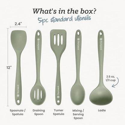 Starpack Stir and Serve Silicone Cooking Utensils Set (5-Piece, 11") - LFGB Non Toxic, 600°F Heat Resistant, BPA-Free - One-Piece Seamless, Dishwasher Safe - for Nonstick Cookware, Sage Green