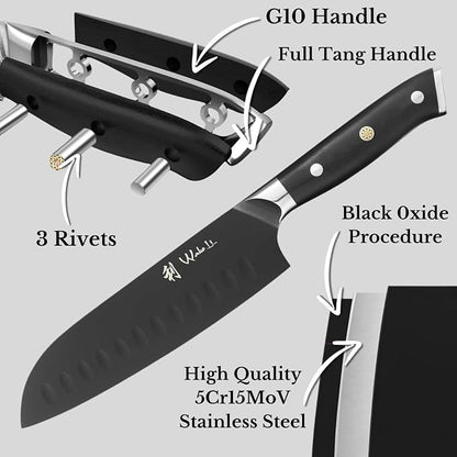 Wakoli Titanium Noir Santoku Knife – 7.1-Inch Professional Chef Knife | 5Cr15MoV Stainless Steel Blade with Black Titanium Coating | Ergonomic G10 Handle | Razor-Sharp Kitchen Knife in Gift Box