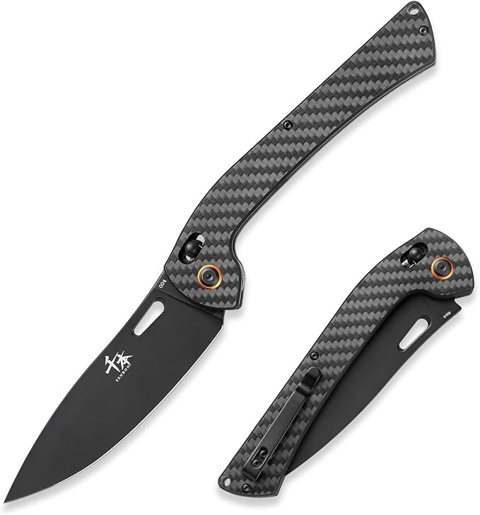 SENBON foldable chef's knife, AUS-8 stainless steel with black titanium plating, carbon fiber handle with back clip, portable outdoor folding fruit petty knife