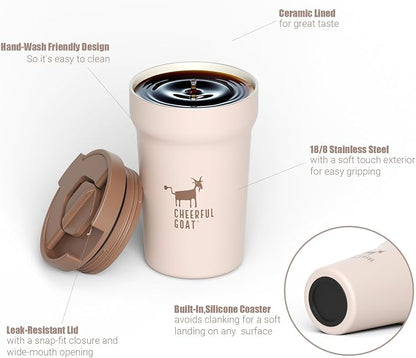 CHEERFUL GOAT Ceramic Lined Coffee Mug – Stainless Steel Travel insulated Tumbler with Ceramic Liner, with lid 12oz Leak Proof Cup for Hot and Cold Water Coffee at Home, Office, or In the Car (Coffee)