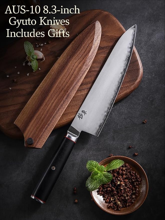 Japan Aichi AUS10 Triple Layer Composite Steel 8.3-inch Chef's Knife， Gyuto，Meat Cleavers，G10 Handle, Forged Kitchen Knife，Black Walnut Knife Sheath Set