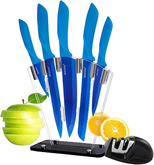 7 Piece High Carbon Stainless Steel Kitchen Knives Sets, Knife Block Set with Knife Sharpener,Professional Chef Knife Set with Block Acrylic, Plating Titanium Blue for Rust Proof and Sharp
