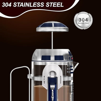 TEENKON French Press Insulated 304 Stainless Steel Coffee Maker, 32 Oz Robot R2D2 Hand Home Coffee Presser, with Filter Screen for Brew Coffee and Tea (White)