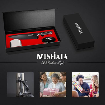 MOSFiATA 8” Super Sharp Titanium Plated Chef's Knife for Kitchen with Finger Guard and Knife Sharpener in Gift Box, High Carbon German Stainless Steel EN1.4116 Titanium Coated Stylish Cooking Knife