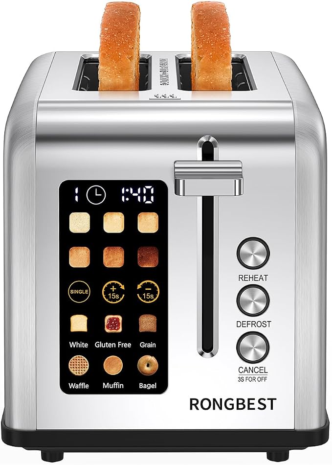 2 Slice Touch Screen Toaster with Wide Slots Stainless Steel Toasters for Family Breakfast, Even Toasting for Bagels & Bread, Reheat & Defrost, Easy Removable Crumb Tray, Silver