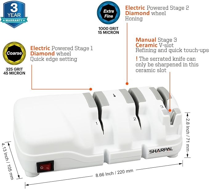 SHARPAL 198H Electric Knife Sharpener - 3 Stage Professional Knife Sharpening System with Diamond Wheels, Suit for Double-Beveled Straight Edge & Serrated Knives, Premium Fathers Day Gift