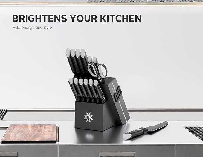 Knife Set - 15 PCS Kitchen Knife Set with Built-in Knife Sharpener Block - Stainless Steel Knife Block Set - Dishwasher Safe, Elegant Box for Men Women, Fathers day, White