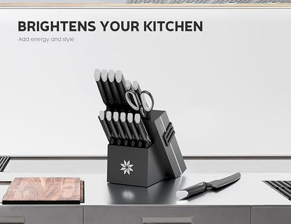 Knife Set - 15 PCS Kitchen Knife Set with Built-in Knife Sharpener Block - Stainless Steel Knife Block Set - Dishwasher Safe, Elegant Box for Men Women, Fathers day, White