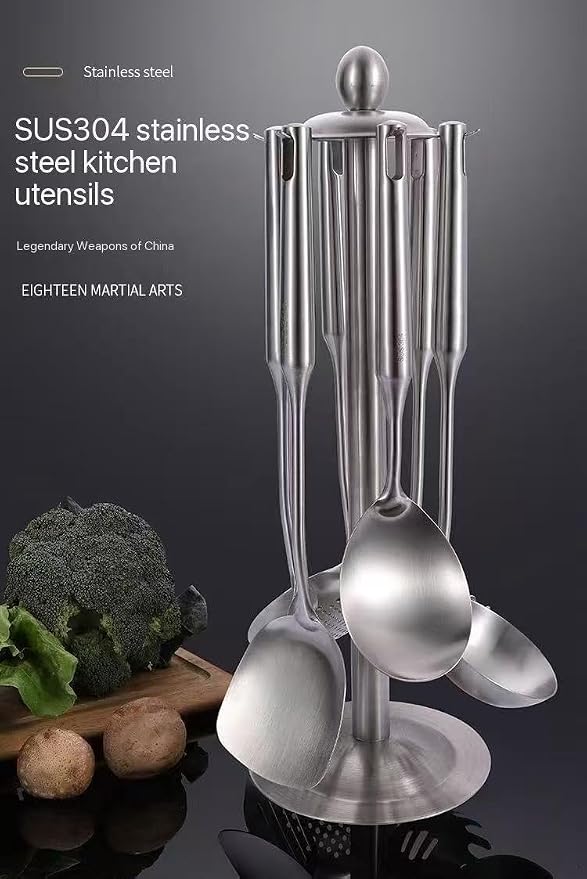 Premium 7-Piece Gold Kitchen Utensil Set with Stand, Stainless Steel Cooking Tools- Dishwasher Safe Ladle, Spoon, Spatula, Pasta Fork, Luxury Brass Kitchen Accessories for Home Chefs (silvery)