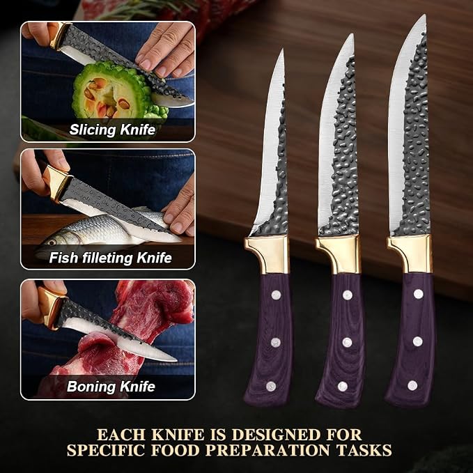 Premium 3-Piece Kitchen Knife Set with Leather Sheaths, High Carbon Steel Forged Boning/Carving/Utility Knives, Sharp Meat Cleaver & Butcher Knives for Kitchen, BBQ & Food Prep, Purple Wood Handle