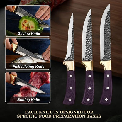 Premium 3-Piece Kitchen Knife Set with Leather Sheaths, High Carbon Steel Forged Boning/Carving/Utility Knives, Sharp Meat Cleaver & Butcher Knives for Kitchen, BBQ & Food Prep, Purple Wood Handle