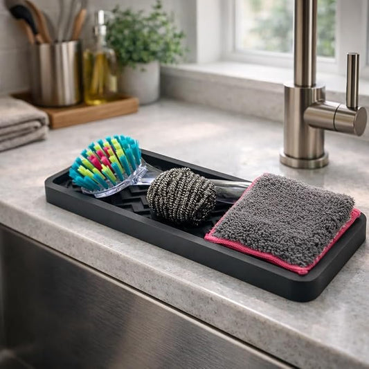 Silicone Sink Organizer Tray, Rectangular, Modern Style, Heat Safe, Dishwasher Safe, for Bathroom and Kitchen Organization (Grey, 12"x4", Chevron Pattern)