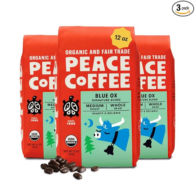 Peace Coffee Blue Ox Blend Medium Roast Whole Bean Coffee, 12 oz, Pack of 3, Organic Fair Trade, Creamy, Mild Flavor, Shade Grown, Fresh Roasted