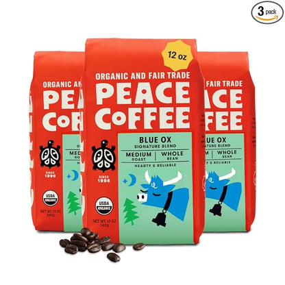 Peace Coffee Blue Ox Blend Medium Roast Whole Bean Coffee, 12 oz, Pack of 3, Organic Fair Trade, Creamy, Mild Flavor, Shade Grown, Fresh Roasted