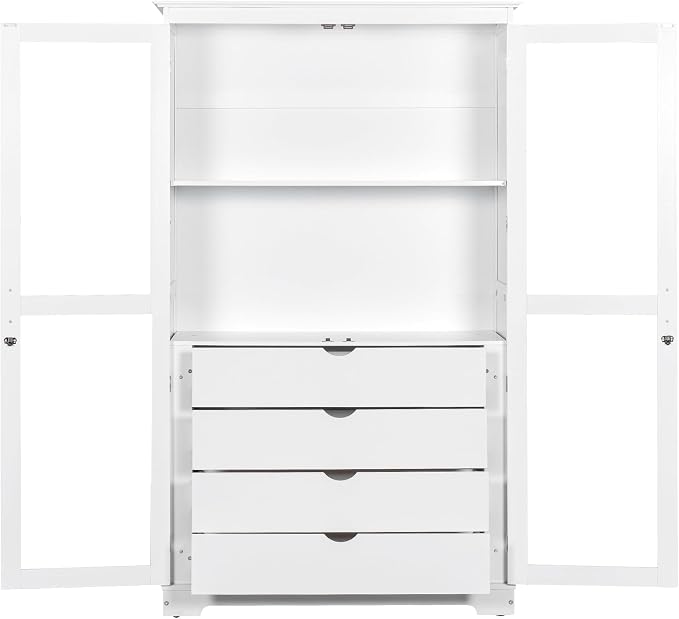 VilroCaz 75'' Tall Kitchen Pantry, Wood Freestanding Kitchen Storage Cabinet Display Cabinet with Glass Doors and 4 Built-in Drawers for Living Room Home Office (White-6.21)
