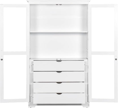 VilroCaz 75'' Tall Kitchen Pantry, Wood Freestanding Kitchen Storage Cabinet Display Cabinet with Glass Doors and 4 Built-in Drawers for Living Room Home Office (White-6.21)