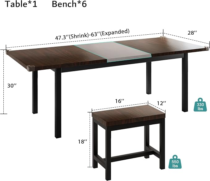 iPormis 7-Piece Dining Table Set with 6 Stools, 63" Extendable Kitchen Table Set for 4-8, Modern Dining Room Table with Sturdy Metal Frame, Space-Saving Dinette, Espresso