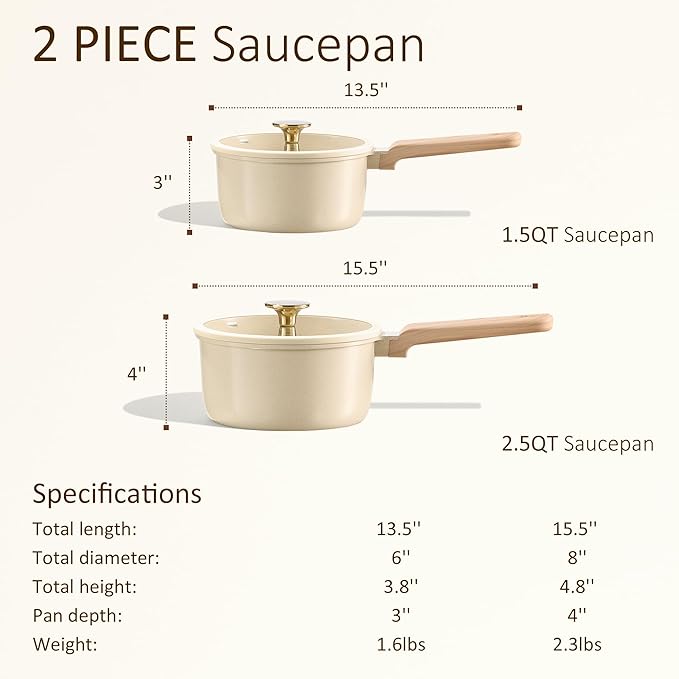 CAROTE 1.5Qt & 2.5Qt Sauce Pan Sets with Lid Ceramic Nonstick Pot Set Non Toxic Saucepan with Stay-cool Handle Small Kitchen Cooking Pots, Easy to Clean, Induction Comptable, PFOA FREE