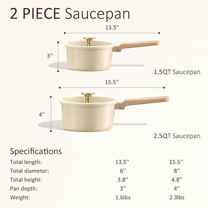 CAROTE 1.5Qt & 2.5Qt Sauce Pan Sets with Lid Ceramic Nonstick Pot Set Non Toxic Saucepan with Stay-cool Handle Small Kitchen Cooking Pots, Easy to Clean, Induction Comptable, PFOA FREE