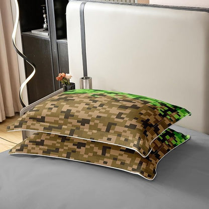 Pixelated Style Square Grid Duvet Cover Set 100% Organic Cotton King Size Brown Green Army Camo Comforter Cover with 2 Pillowcases Cartoon Gamepad Modern Bedding Set for Bedroom Dcor,No Comforter