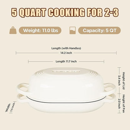 Enameled Cast Iron Dutch Oven for Bread Baking - incl. Sourdough Bread-Baking Supplies like Banneton Bread-Proofing Basket - 5QT Loaf Cast Iron Bread Oven Pan& Meatloaf Pan with Lid, Sour Sough Tools, Lame (Cream White）