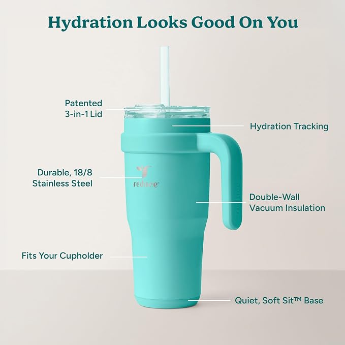 Reduce 24 oz Stainless Steel Tumbler with Handle - Dual-Wall Vacuum Insulated Travel Mug, Sweat-Proof Lid & Reusable Straw - Keeps Drinks Cold for 24 Hrs, Fits Cupholders, Dishwasher Safe-Ocean Breeze