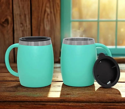 Stainless Steel Insulated Coffee Mugs Set of 2 (14oz) Double Wall Coffee Cups With Spill Resistant Lid & Handle – Shatterproof Cups for Cold & Hot Drinks for Indoor & Outdoor Use (Aqua Blue)