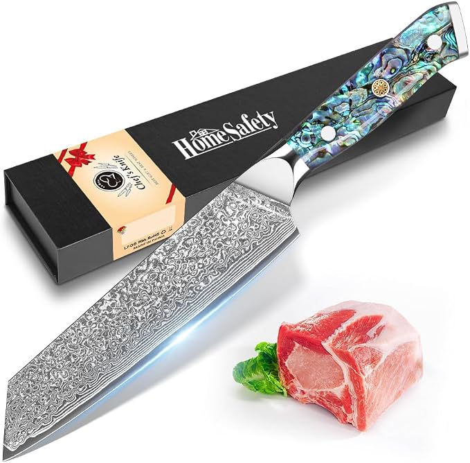Home Safety Damascus Kiritsuke Knife with Sharp 20cm Blade Made of 67 Layers of VG-10 Damascus Steel Kitchen Knifves Damascus Carving Knife, Abalone Shell Handle, Gift Box