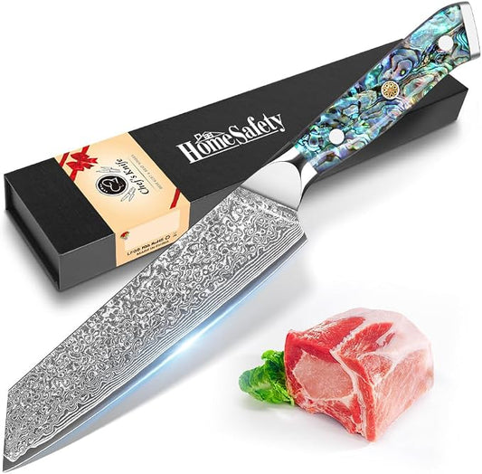 Home Safety Damascus Kiritsuke Knife with Sharp 20cm Blade Made of 67 Layers of VG-10 Damascus Steel Kitchen Knifves Damascus Carving Knife, Abalone Shell Handle, Gift Box