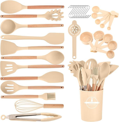 Kitchen Utensils Set - 34 PCS Non-Stick Silicone Cooking Utensils Set Spatula Set with Holder, Wooden Handle Spoon,Brush,Whisk Kitchen Gadgets Tools Set for Nonstick Cookware (Khaki-34P)