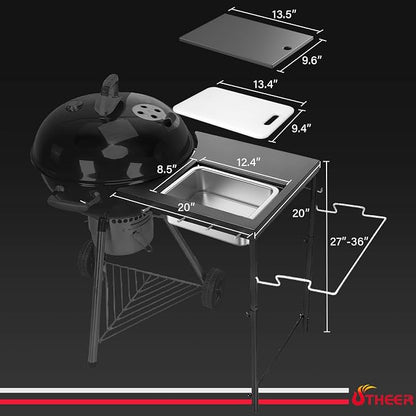 Upgraded Grill Table for Weber Kettle 22"/18"/26", Master Touch 22", Smokey Mountain, Recteq Pellet Grill RT-B380, Prep Station with Cutting Board, Basin, 4 Hooks, Shelf for Weber Kettle Accessories