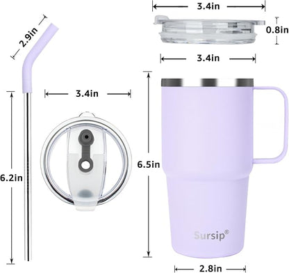 Sursip Insulated Coffee Mug with Handle and Lid, 24 oz Double Wall Vacuum Travel Thermal Coffee Tumbler with Straw for Home, Office & Outdoor Stainless Steel Coffee Cup - BPA Free(Lilac-1 Pack)