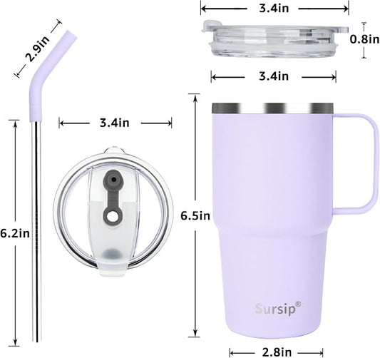 Sursip Insulated Coffee Mug with Handle and Lid, 24 oz Double Wall Vacuum Travel Thermal Coffee Tumbler with Straw for Home, Office & Outdoor Stainless Steel Coffee Cup - BPA Free(Lilac-1 Pack)