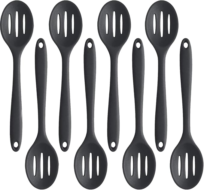 Linwnil 4 Pieces Silicone Slotted Spoons,10.6 Inch Nonstick Mixing Serving Spoons for Kitchen Cooking Bake Stir Draining Tool (8, Black)