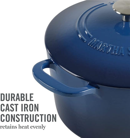 MARTHA STEWART Gatwick 7-Quart Enamel Cast Iron Dutch Oven Pot with Lid – Classic Blue – Durable Heavy-Duty Dutch Oven for Slow Cooking, Braising & Baking