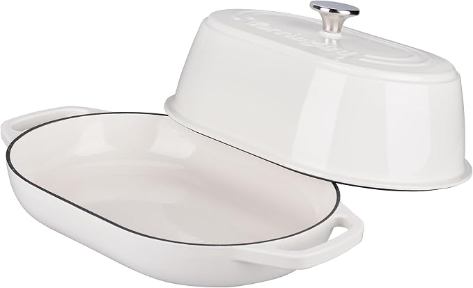 VORRINGARD Enameled Cast Iron Dutch Oven Pot with Dome Lid, Oval Bread Oven for Homemade Sourdough Bread Baking, Oven Safe up to 500°F, 6 Quart, White