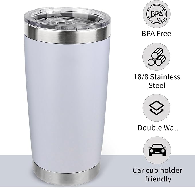 20oz Stainless Steel Tumbler Bulk with Lid, Travel Mug - Double Wall Vacuum Powder Coated Cup - White, 6 Pack