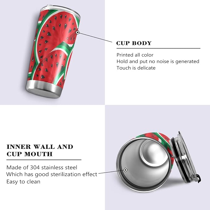 Tumbler Green Red Watermelon Insulated Office Coffee Cup Back to School Beverage Container Travel Mug with Straw and Lid Double Wall Stainless Steel 20oz