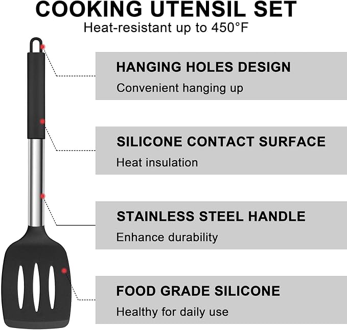 E-far Silicone Cooking Utensils Set, 7 Pcs Heat Resistant Kitchen Utensils with Stainless Steel Handle, Slotted Turner, Spoon, Soup Ladle, Pasta Server, Skimmer, Tongs for Nonstick Cookware, Black