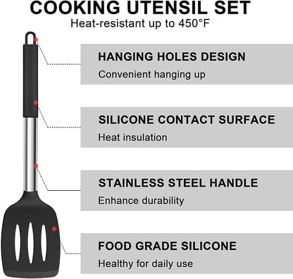 E-far Silicone Cooking Utensils Set, 7 Pcs Heat Resistant Kitchen Utensils with Stainless Steel Handle, Slotted Turner, Spoon, Soup Ladle, Pasta Server, Skimmer, Tongs for Nonstick Cookware, Black