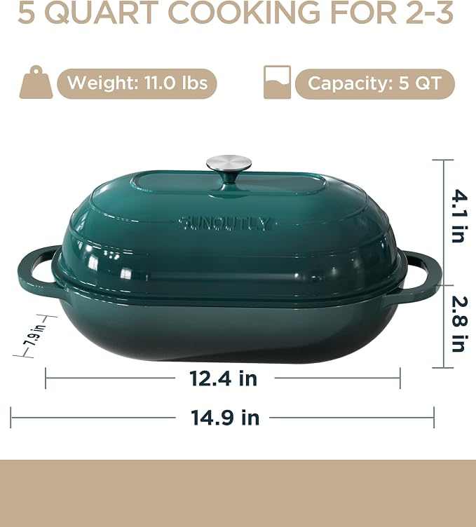 Enameled Cast Iron Bread Oven, 5QT Cast Iron Dutch Oven for Homemade Sourdough Bread Baking, Oval Bread Pot with Dome Lid & Cotton Potholders, Bottle Green