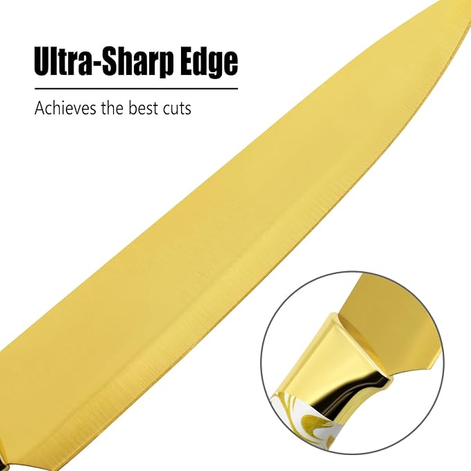 Knife Block Set, Gold Sharp Knives with Acrylic Block, Stainless Steel Kitchen Knife Set with Serrated Steak Knife, Chef Knife, Bread Knife, Scissors, Sharpener, 14Pcs Professional Knife Set for gift
